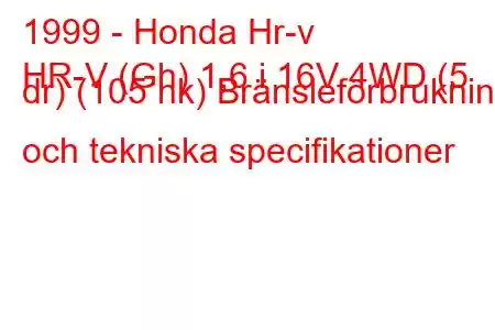 1999 - Honda Hr-v
HR-V (Gh) 1,6 i 16V 4WD (5 dr) (105 hk) Bränsleförbrukning och tekniska specifikationer