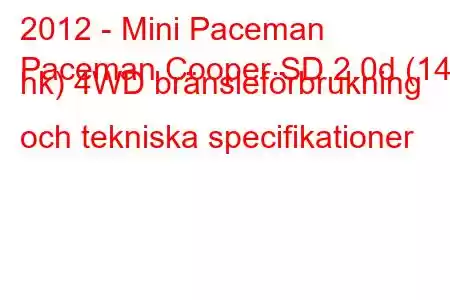 2012 - Mini Paceman
Paceman Cooper SD 2.0d (143 hk) 4WD bränsleförbrukning och tekniska specifikationer