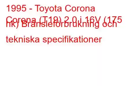 1995 - Toyota Corona
Corona (T19) 2.0 i 16V (175 hk) Bränsleförbrukning och tekniska specifikationer