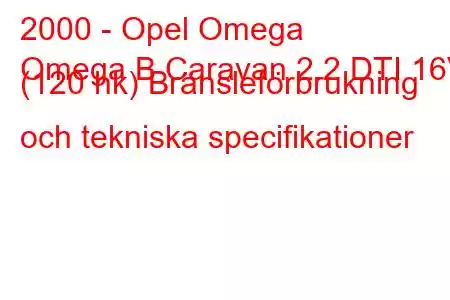 2000 - Opel Omega
Omega B Caravan 2.2 DTI 16V (120 hk) Bränsleförbrukning och tekniska specifikationer