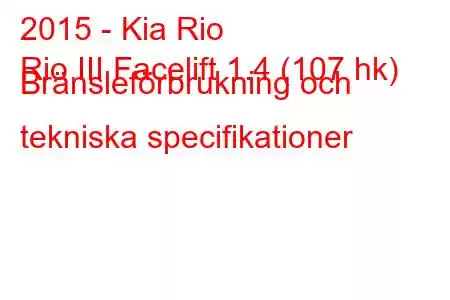 2015 - Kia Rio
Rio III Facelift 1.4 (107 hk) Bränsleförbrukning och tekniska specifikationer