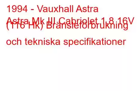 1994 - Vauxhall Astra
Astra Mk III Cabriolet 1.8 16V (116 Hk) Bränsleförbrukning och tekniska specifikationer