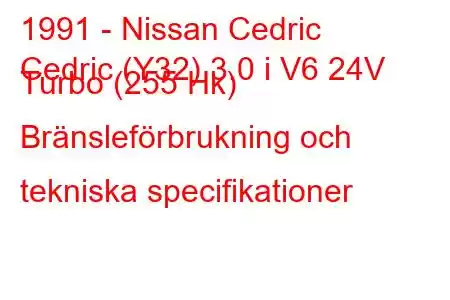 1991 - Nissan Cedric
Cedric (Y32) 3.0 i V6 24V Turbo (255 Hk) Bränsleförbrukning och tekniska specifikationer