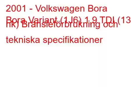 2001 - Volkswagen Bora
Bora Variant (1J6) 1,9 TDI (130 hk) Bränsleförbrukning och tekniska specifikationer