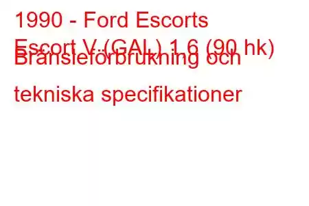 1990 - Ford Escorts
Escort V (GAL) 1,6 (90 hk) Bränsleförbrukning och tekniska specifikationer