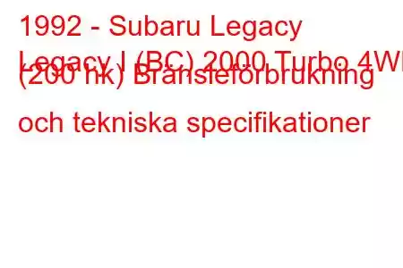 1992 - Subaru Legacy
Legacy I (BC) 2000 Turbo 4WD (200 hk) Bränsleförbrukning och tekniska specifikationer