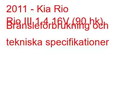 2011 - Kia Rio
Rio III 1.4 16V (90 hk) Bränsleförbrukning och tekniska specifikationer