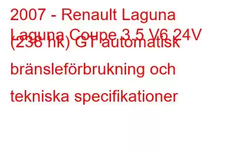 2007 - Renault Laguna
Laguna Coupe 3.5 V6 24V (238 hk) GT automatisk bränsleförbrukning och tekniska specifikationer