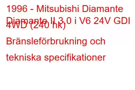 1996 - Mitsubishi Diamante
Diamante II 3.0 i V6 24V GDI 4WD (240 hk) Bränsleförbrukning och tekniska specifikationer