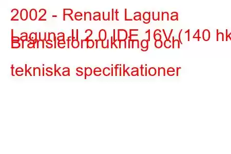 2002 - Renault Laguna
Laguna II 2.0 IDE 16V (140 hk) Bränsleförbrukning och tekniska specifikationer