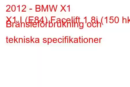 2012 - BMW X1
X1 I (E84) Facelift 1.8i (150 hk) Bränsleförbrukning och tekniska specifikationer