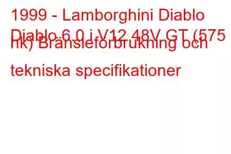 1999 - Lamborghini Diablo
Diablo 6.0 i V12 48V GT (575 hk) Bränsleförbrukning och tekniska specifikationer