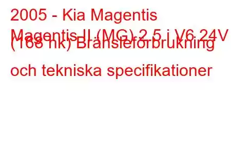 2005 - Kia Magentis
Magentis II (MG) 2.5 i V6 24V (168 hk) Bränsleförbrukning och tekniska specifikationer