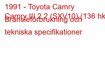 1991 - Toyota Camry
Camry III 2.2 (SXV10) (136 hk) Bränsleförbrukning och tekniska specifikationer