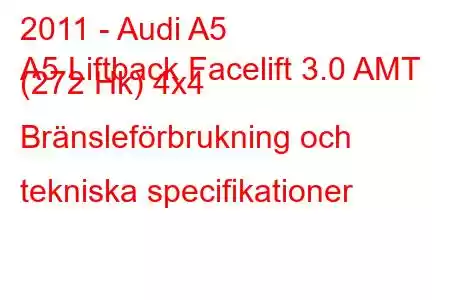 2011 - Audi A5
A5 Liftback Facelift 3.0 AMT (272 Hk) 4x4 Bränsleförbrukning och tekniska specifikationer