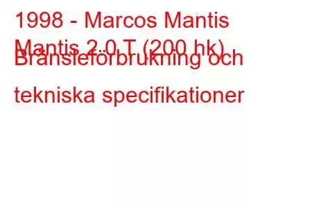 1998 - Marcos Mantis
Mantis 2.0 T (200 hk) Bränsleförbrukning och tekniska specifikationer