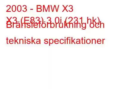 2003 - BMW X3
X3 (E83) 3.0i (231 hk) Bränsleförbrukning och tekniska specifikationer