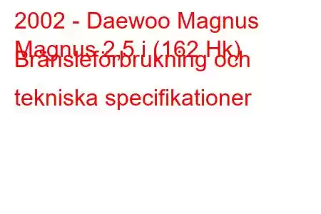 2002 - Daewoo Magnus
Magnus 2,5 i (162 Hk) Bränsleförbrukning och tekniska specifikationer