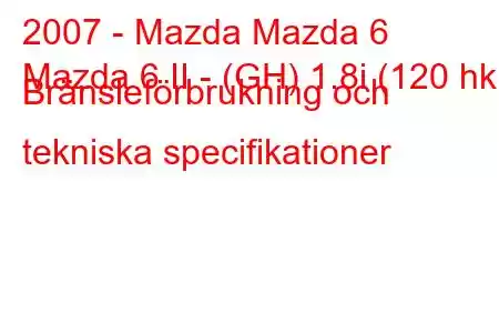 2007 - Mazda Mazda 6
Mazda 6 II - (GH) 1.8i (120 hk) Bränsleförbrukning och tekniska specifikationer