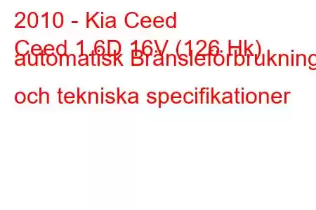 2010 - Kia Ceed
Ceed 1.6D 16V (126 Hk) automatisk Bränsleförbrukning och tekniska specifikationer