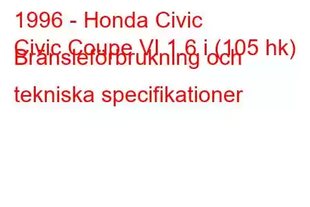 1996 - Honda Civic
Civic Coupe VI 1.6 i (105 hk) Bränsleförbrukning och tekniska specifikationer