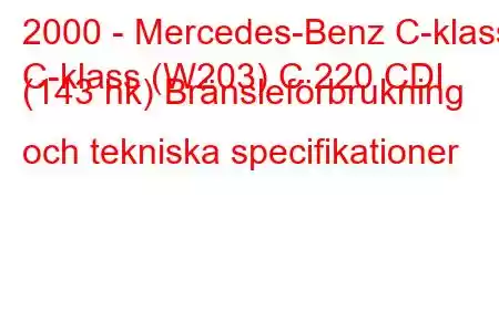 2000 - Mercedes-Benz C-klass
C-klass (W203) C 220 CDI (143 hk) Bränsleförbrukning och tekniska specifikationer