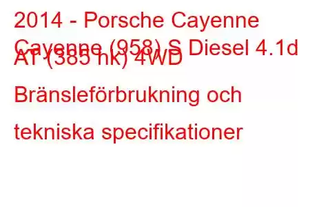 2014 - Porsche Cayenne
Cayenne (958) S Diesel 4.1d AT (385 hk) 4WD Bränsleförbrukning och tekniska specifikationer