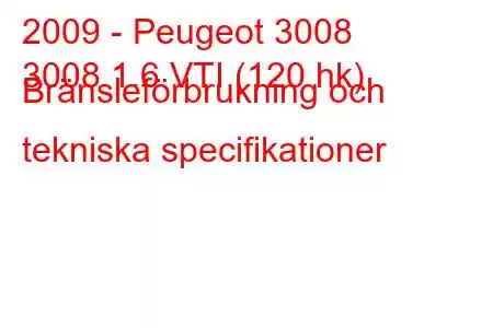 2009 - Peugeot 3008
3008 1.6 VTI (120 hk) Bränsleförbrukning och tekniska specifikationer