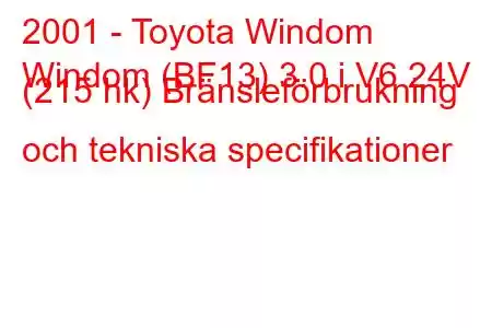 2001 - Toyota Windom
Windom (BF13) 3.0 i V6 24V (215 hk) Bränsleförbrukning och tekniska specifikationer