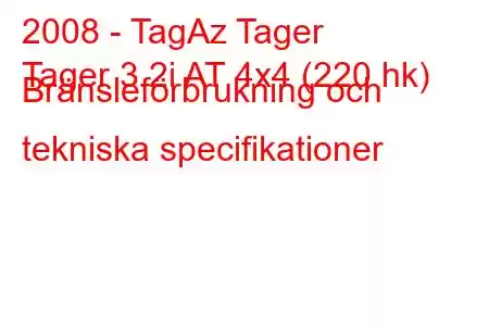 2008 - TagAz Tager
Tager 3.2i AT 4x4 (220 hk) Bränsleförbrukning och tekniska specifikationer