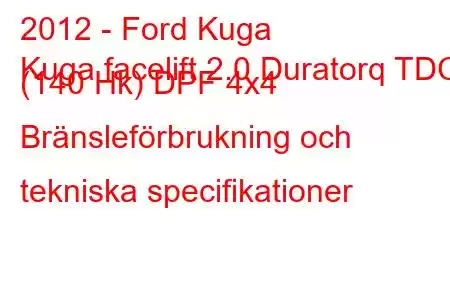 2012 - Ford Kuga
Kuga facelift 2.0 Duratorq TDCi (140 Hk) DPF 4x4 Bränsleförbrukning och tekniska specifikationer