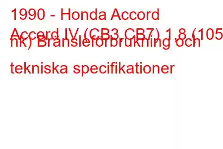 1990 - Honda Accord
Accord IV (CB3,CB7) 1,8 (105 hk) Bränsleförbrukning och tekniska specifikationer