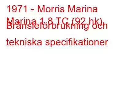 1971 - Morris Marina
Marina 1.8 TC (92 hk) Bränsleförbrukning och tekniska specifikationer