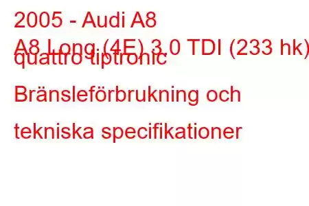 2005 - Audi A8
A8 Long (4E) 3.0 TDI (233 hk) quattro tiptronic Bränsleförbrukning och tekniska specifikationer