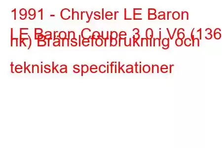 1991 - Chrysler LE Baron
LE Baron Coupe 3.0 i V6 (136 hk) Bränsleförbrukning och tekniska specifikationer