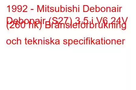 1992 - Mitsubishi Debonair
Debonair (S27) 3.5 i V6 24V (260 hk) Bränsleförbrukning och tekniska specifikationer