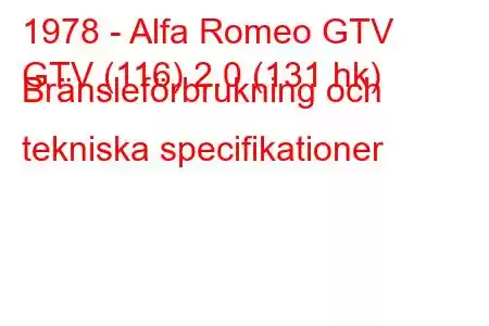 1978 - Alfa Romeo GTV
GTV (116) 2.0 (131 hk) Bränsleförbrukning och tekniska specifikationer