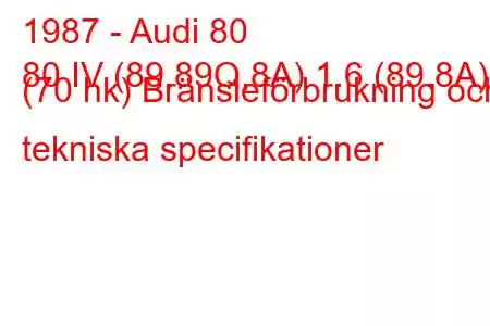 1987 - Audi 80
80 IV (89.89Q,8A) 1.6 (89.8A) (70 hk) Bränsleförbrukning och tekniska specifikationer