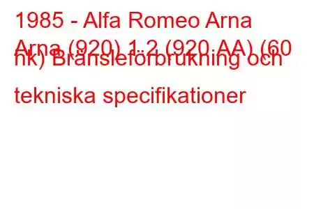 1985 - Alfa Romeo Arna
Arna (920) 1.2 (920.AA) (60 hk) Bränsleförbrukning och tekniska specifikationer