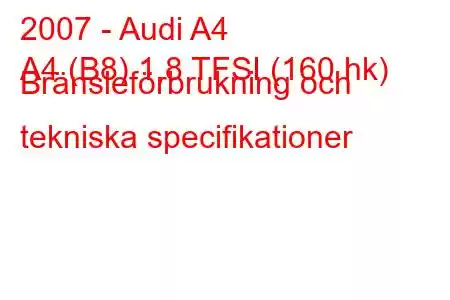 2007 - Audi A4
A4 (B8) 1,8 TFSI (160 hk) Bränsleförbrukning och tekniska specifikationer