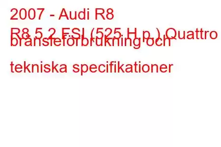 2007 - Audi R8
R8 5.2 FSI (525 H.p.) Quattro bränsleförbrukning och tekniska specifikationer