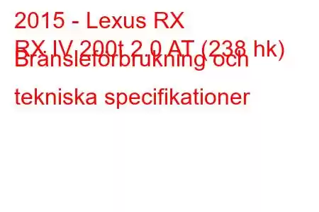 2015 - Lexus RX
RX IV 200t 2.0 AT (238 hk) Bränsleförbrukning och tekniska specifikationer