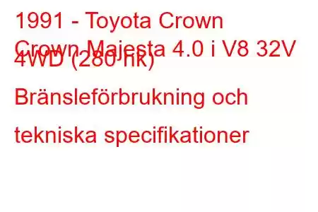 1991 - Toyota Crown
Crown Majesta 4.0 i V8 32V 4WD (280 hk) Bränsleförbrukning och tekniska specifikationer