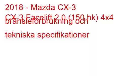 2018 - Mazda CX-3
CX-3 Facelift 2.0 (150 hk) 4x4 bränsleförbrukning och tekniska specifikationer