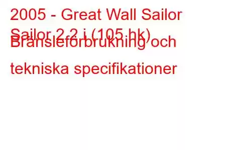 2005 - Great Wall Sailor
Sailor 2.2 i (105 hk) Bränsleförbrukning och tekniska specifikationer