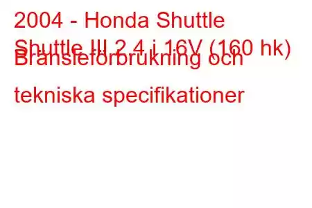 2004 - Honda Shuttle
Shuttle III 2.4 i 16V (160 hk) Bränsleförbrukning och tekniska specifikationer