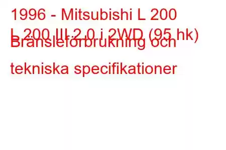 1996 - Mitsubishi L 200
L 200 III 2.0 i 2WD (95 hk) Bränsleförbrukning och tekniska specifikationer