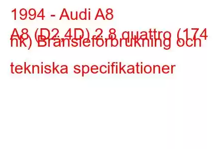 1994 - Audi A8
A8 (D2,4D) 2,8 quattro (174 hk) Bränsleförbrukning och tekniska specifikationer