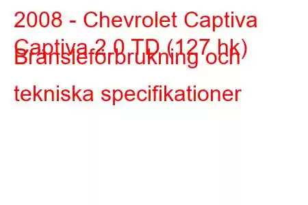 2008 - Chevrolet Captiva
Captiva 2.0 TD (127 hk) Bränsleförbrukning och tekniska specifikationer