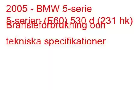 2005 - BMW 5-serie
5-serien (E60) 530 d (231 hk) Bränsleförbrukning och tekniska specifikationer